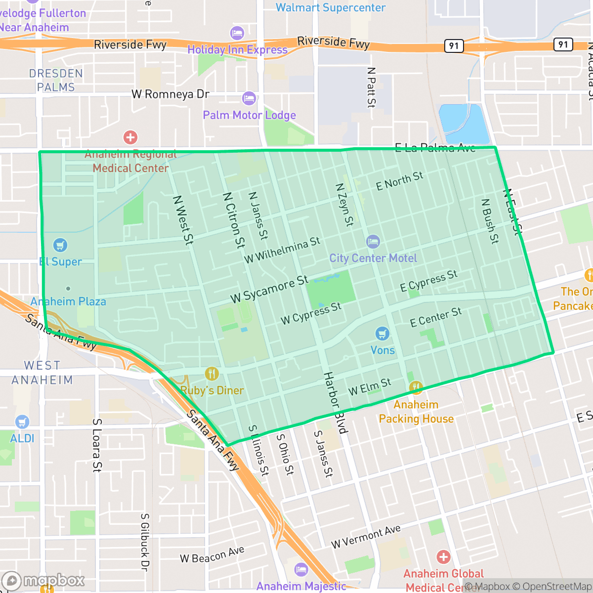 Map showing the location of The Colony, Anaheim, CA