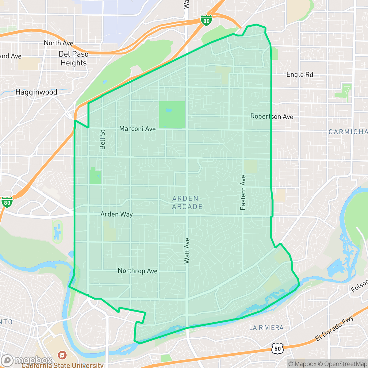 Map showing the location of Arden-Arcade, CA — coverage area