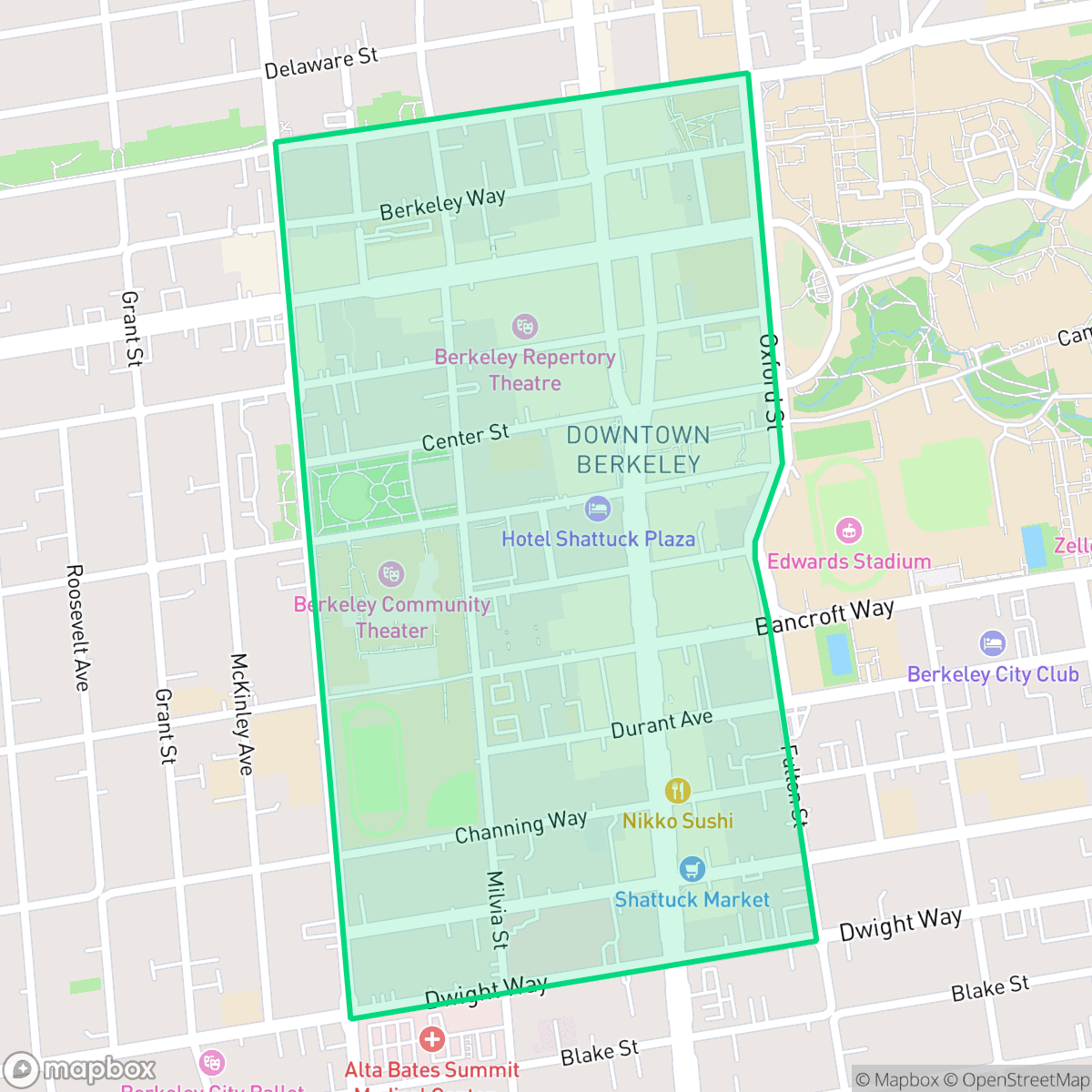 Map showing the location of Downown Berkeley, Berkeley, CA