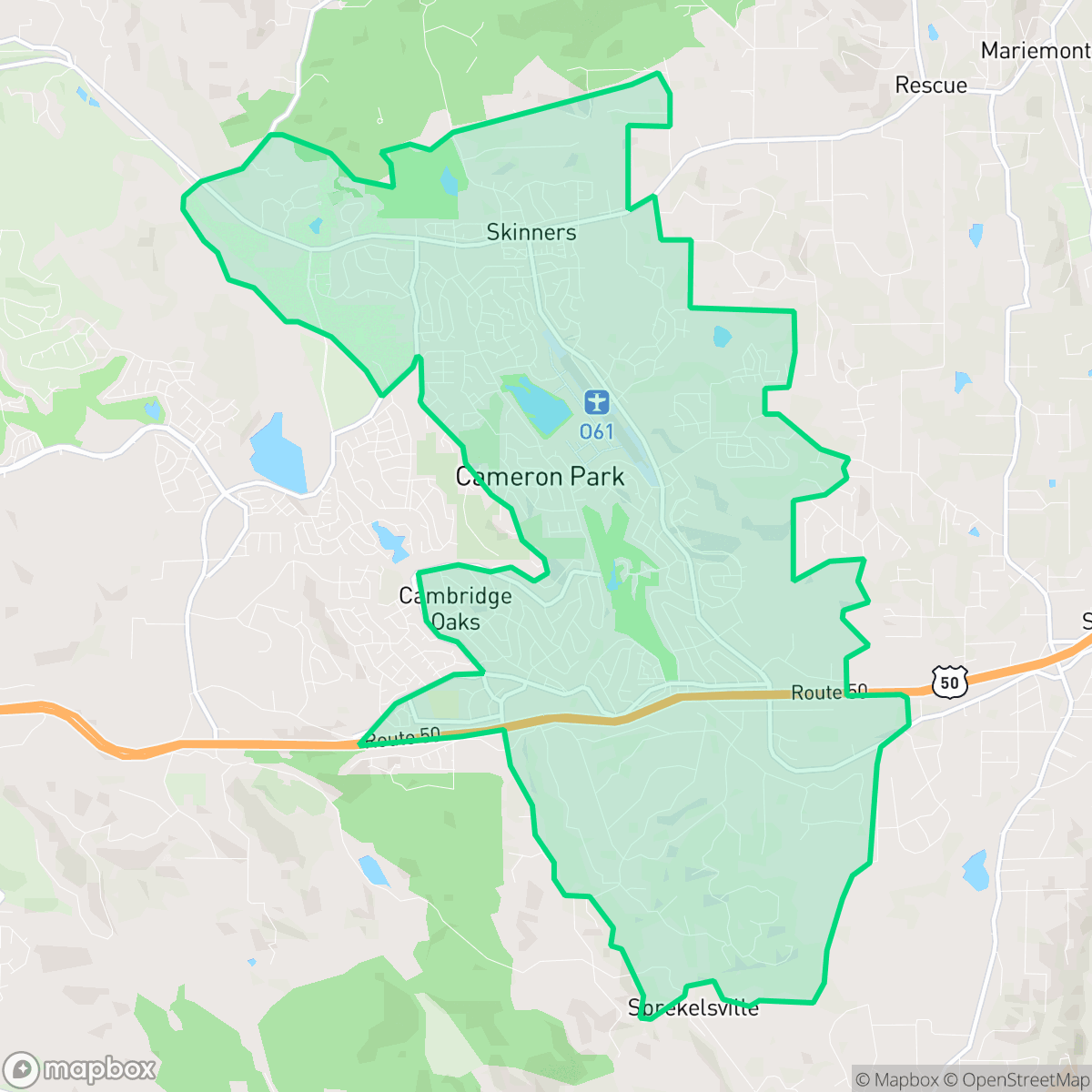Map showing the location of Cameron Park, CA — coverage area