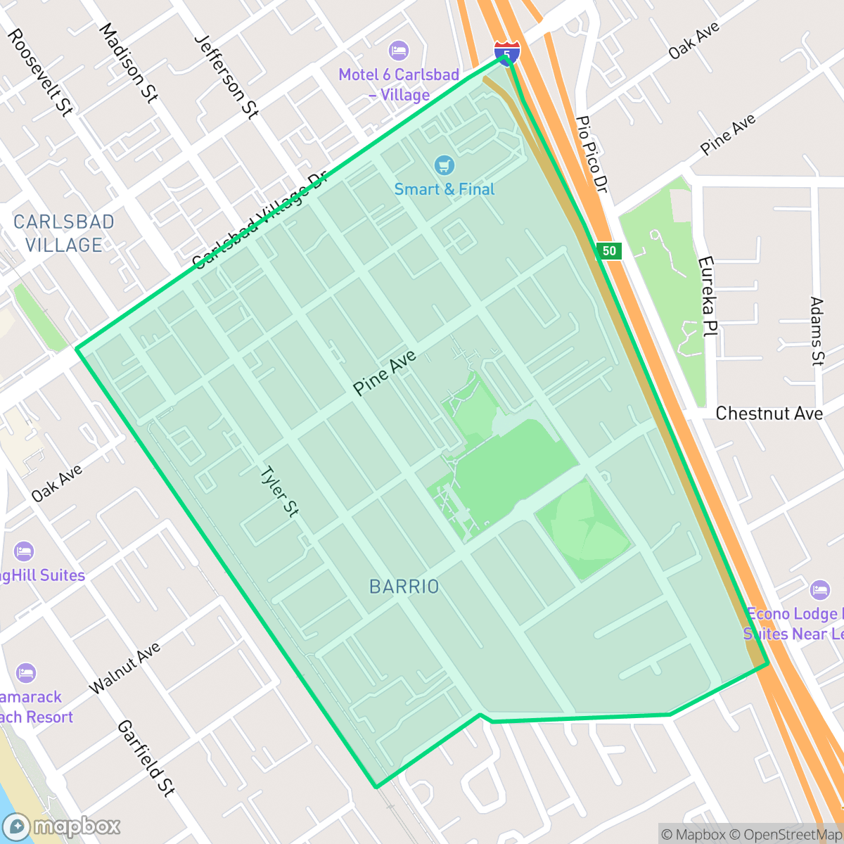 Map showing the location of Barrio, Carlsbad, CA