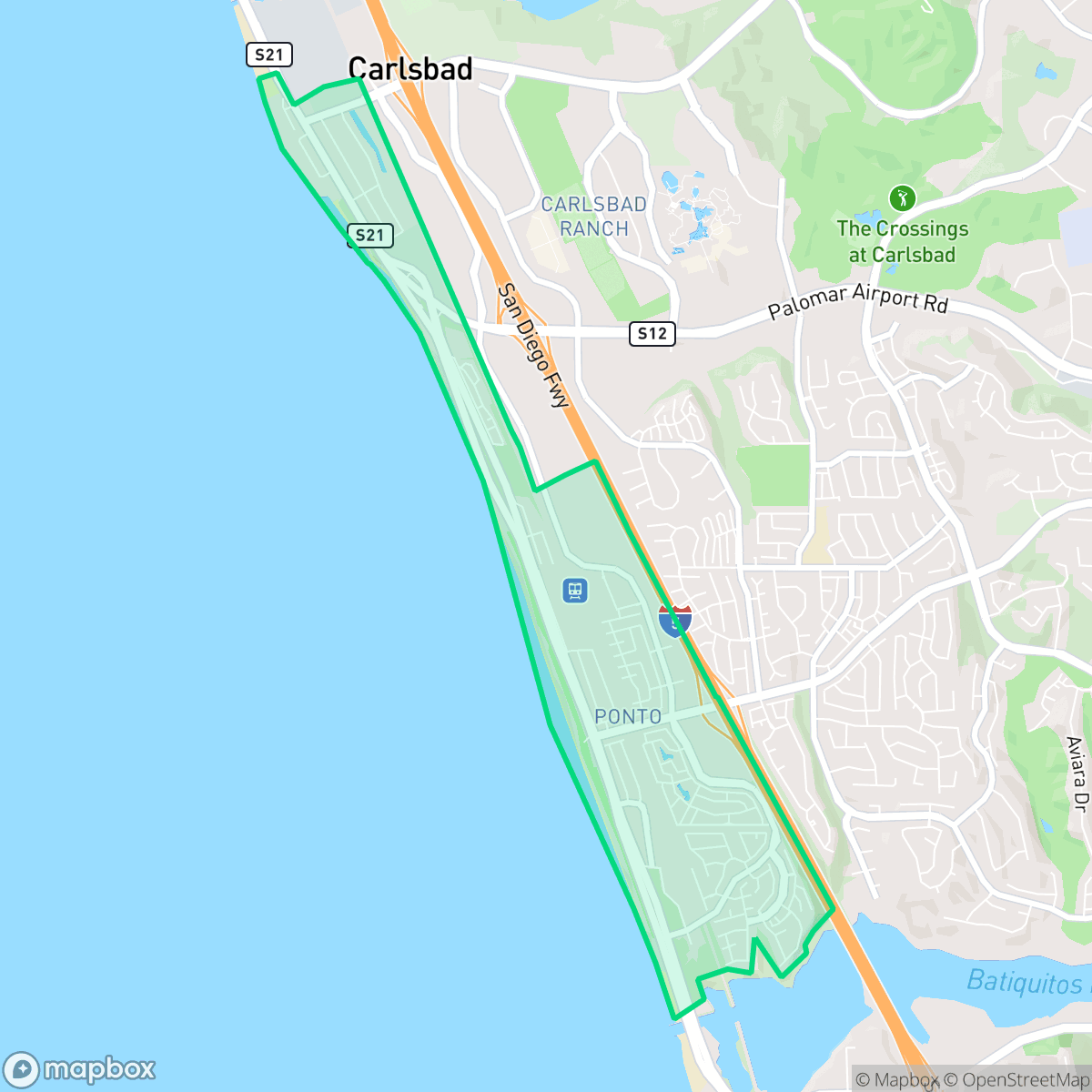Map showing the location of South Beach, Carlsbad, CA