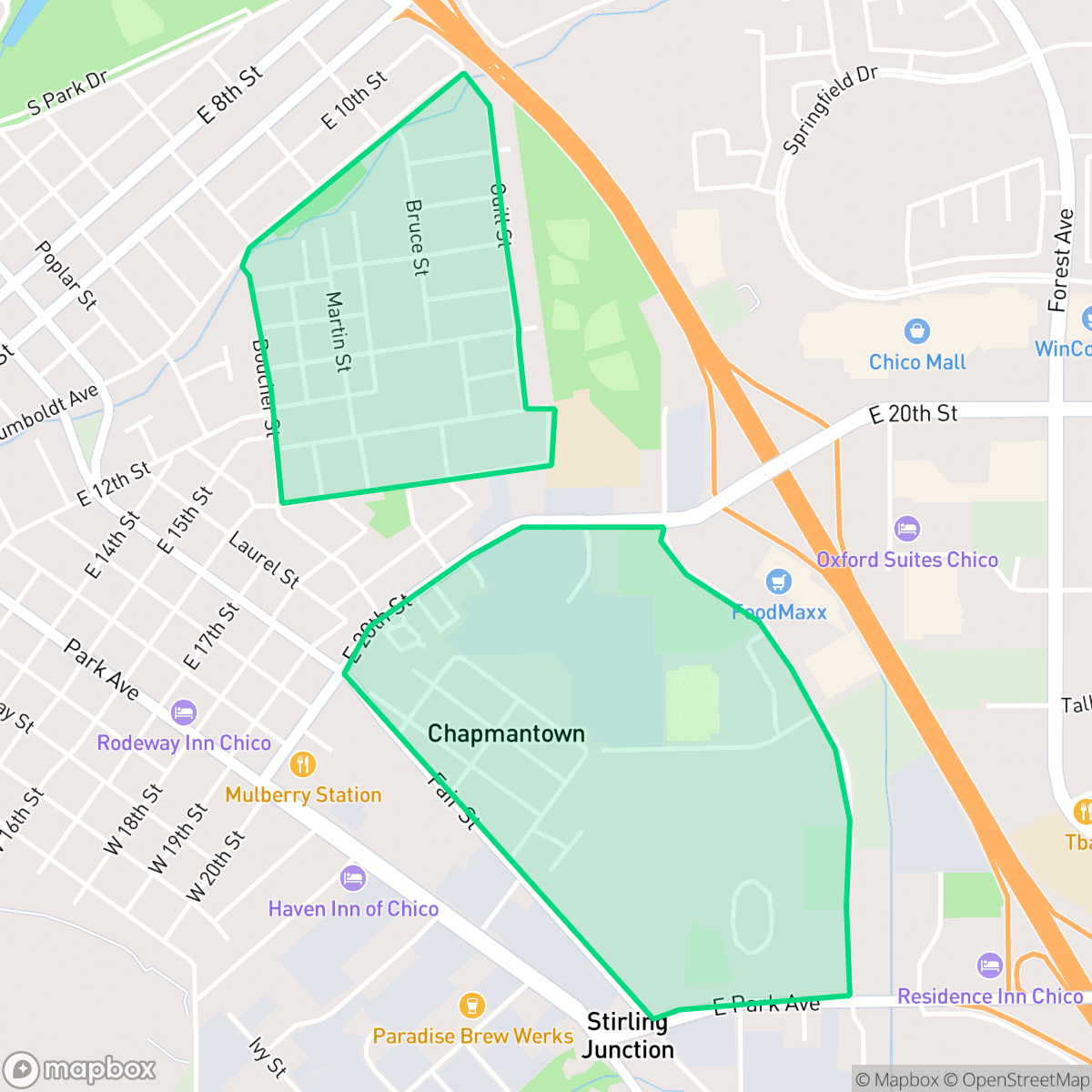 Map showing the location of Chapmantown, Chico, CA