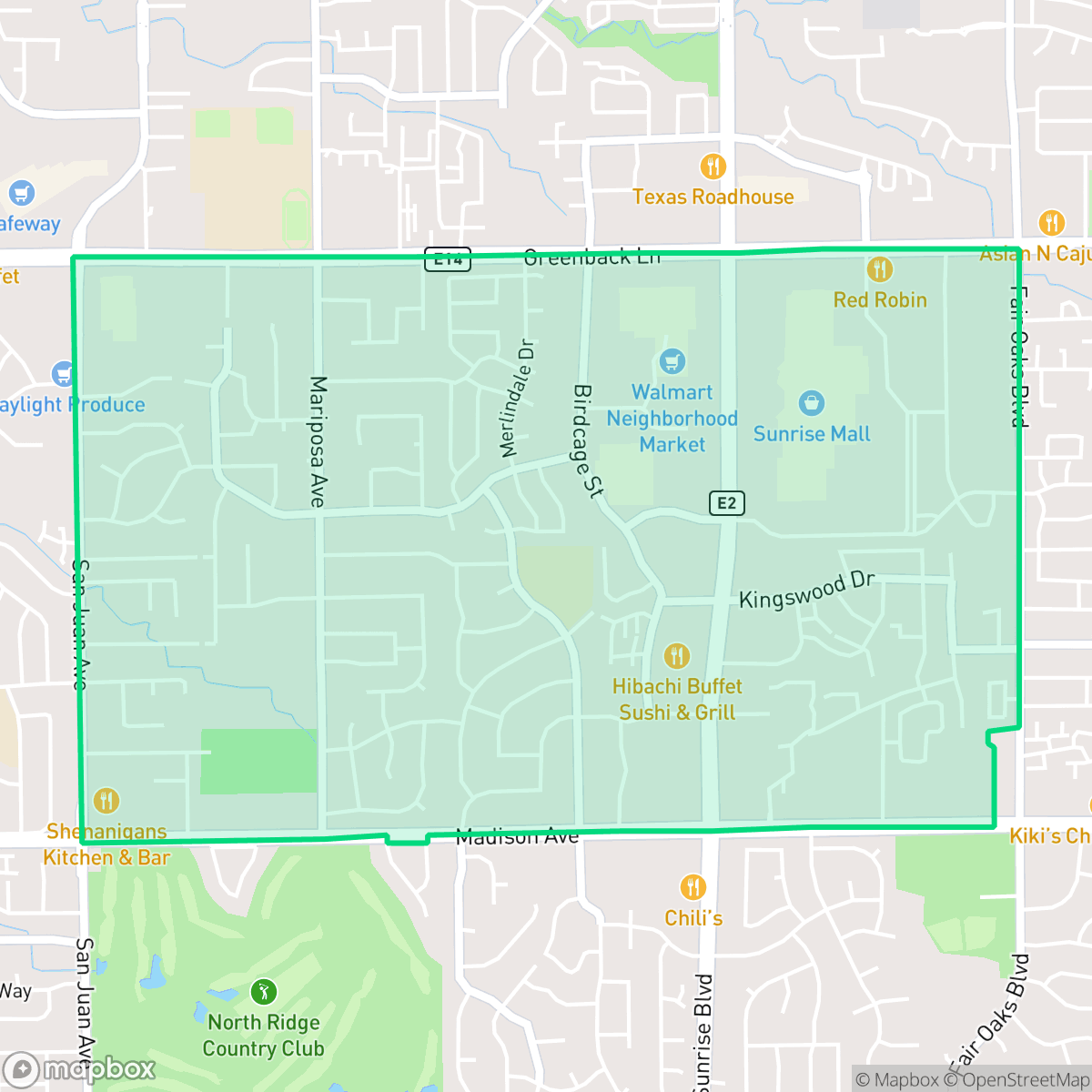 Map showing the location of Birdcage Heights, Citrus Heights, CA