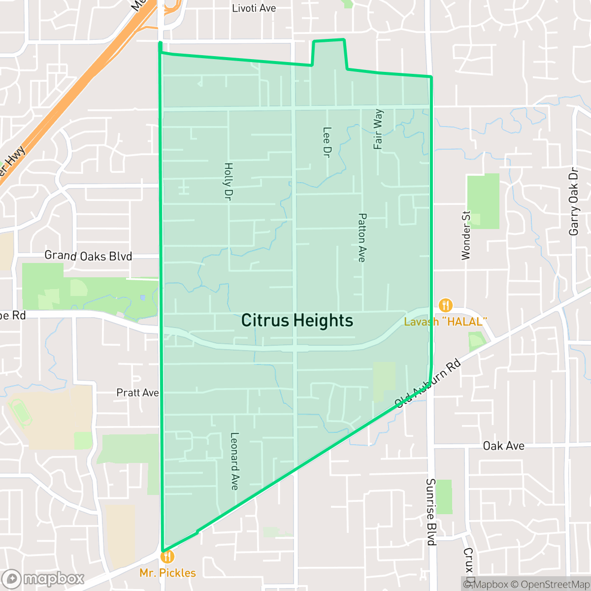 Map showing the location of Sunrise Ranch, Citrus Heights, CA