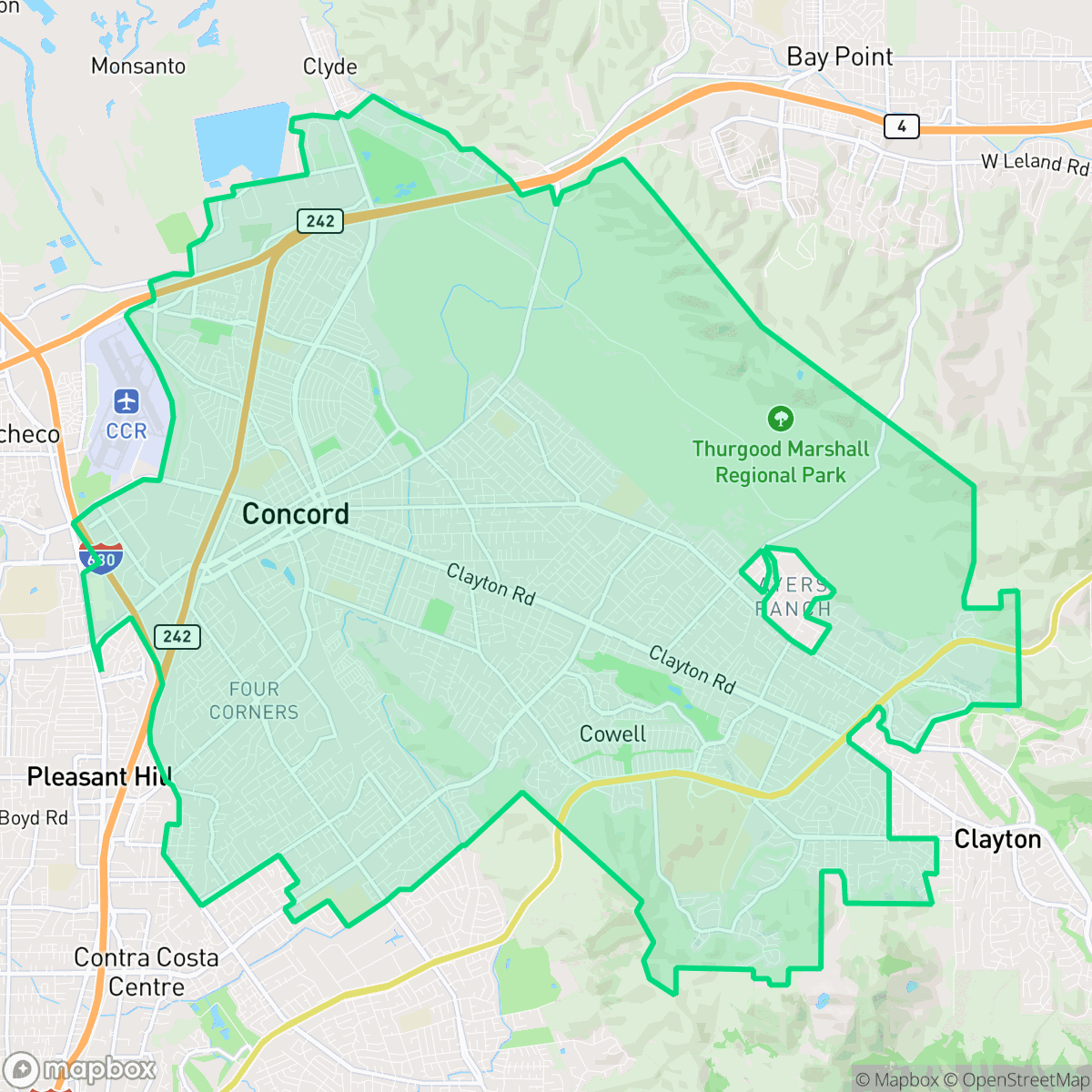 Map showing the location of Concord, CA — coverage area