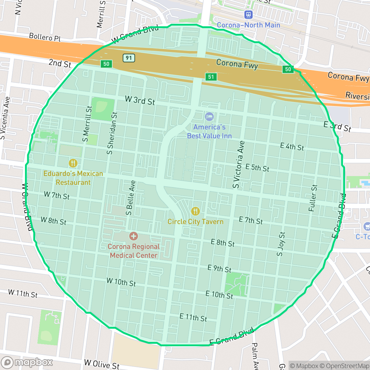 Map showing the location of Downtown, Corona, CA
