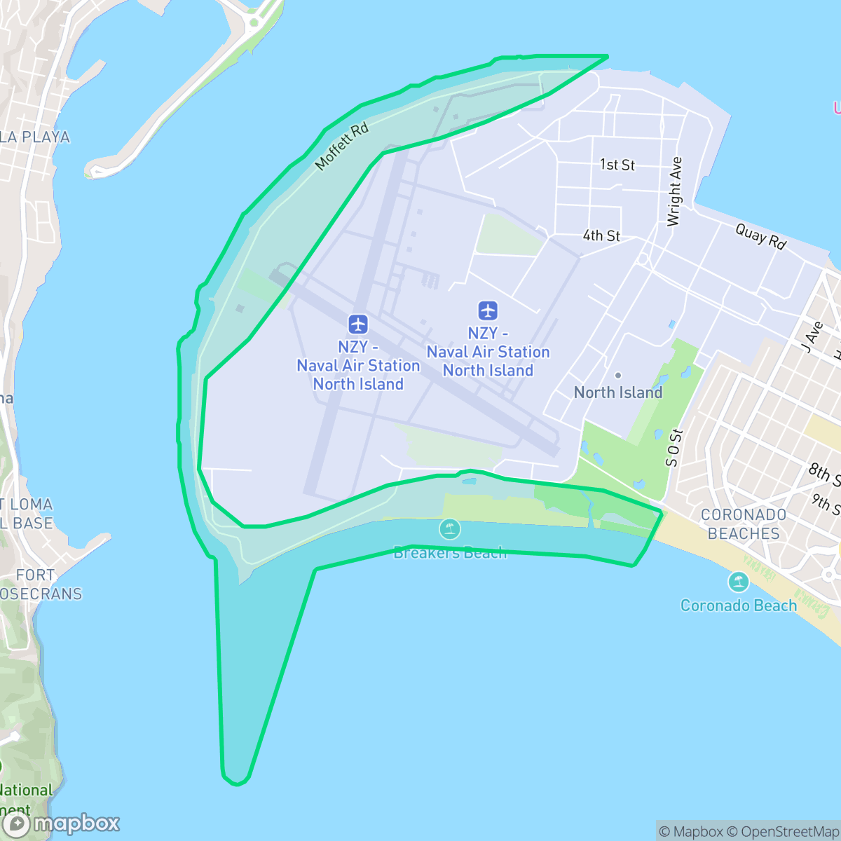 Map showing the location of North Island Naval Air Station, Coronado, CA
