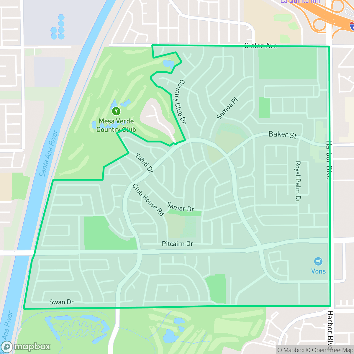 Map showing the location of Mesa Verde, Costa Mesa, CA