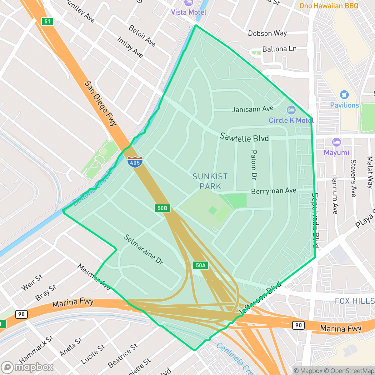 Map showing the location of Sunkist Park, Culver City, CA