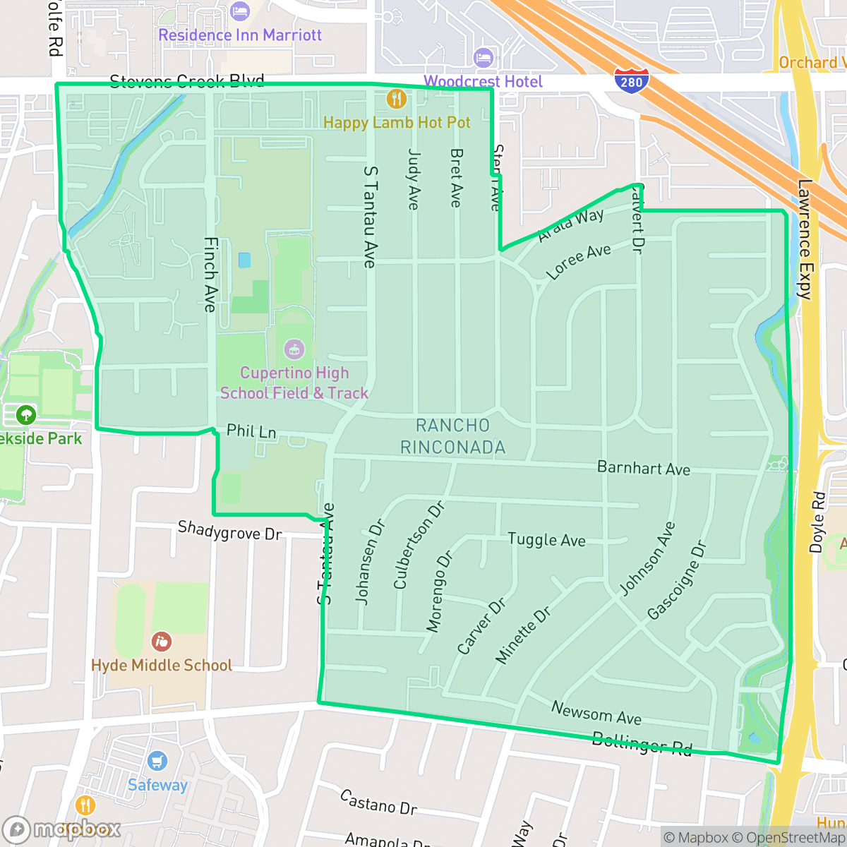 Map showing the location of Rancho Rinconada, Cupertino, CA