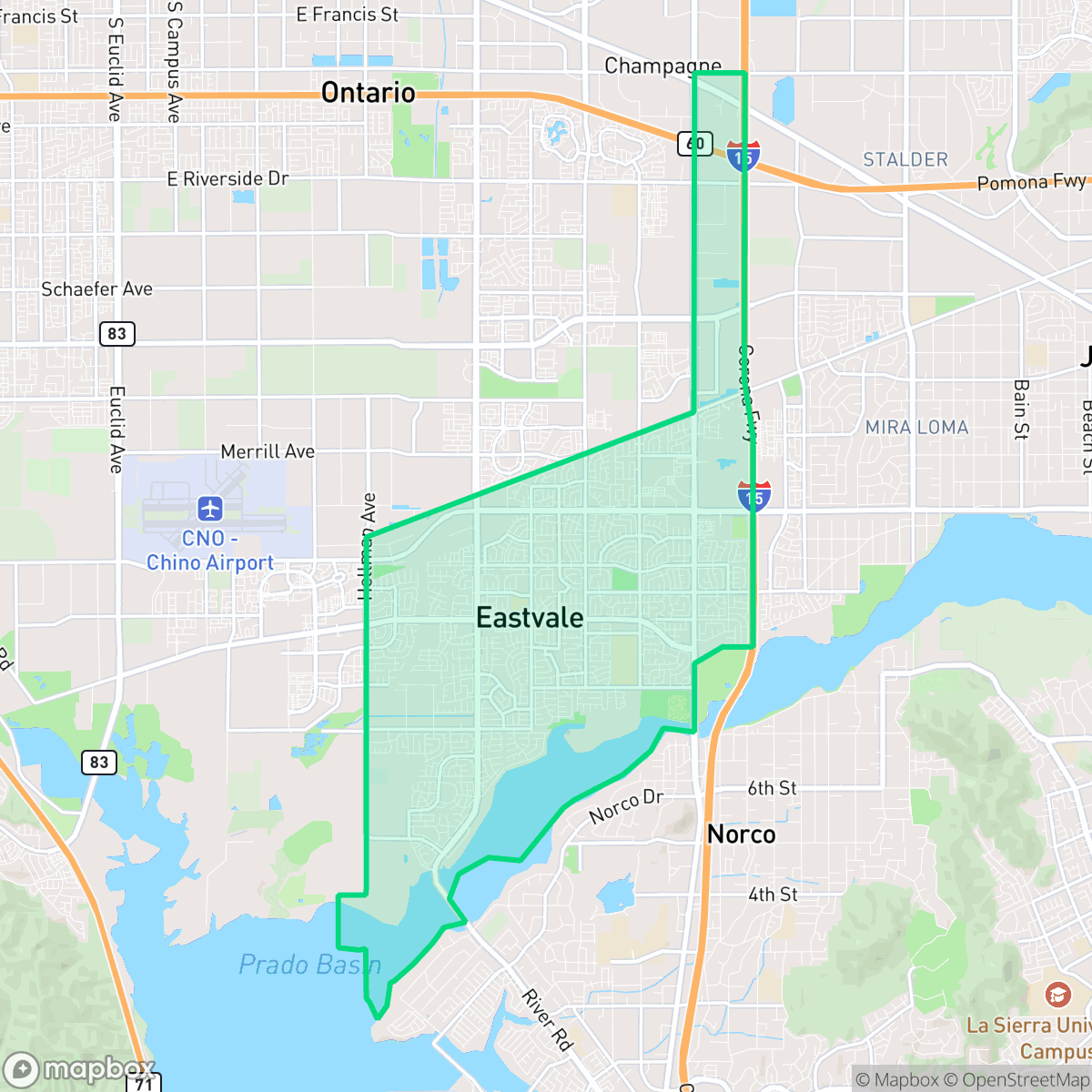 Map showing the location of Eastvale, CA — coverage area