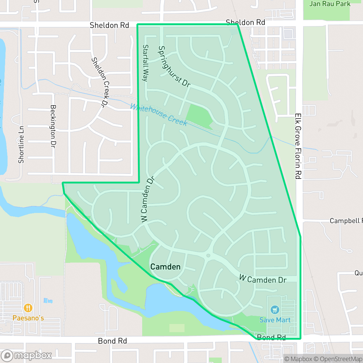 Map showing the location of Camden, Elk Grove, CA
