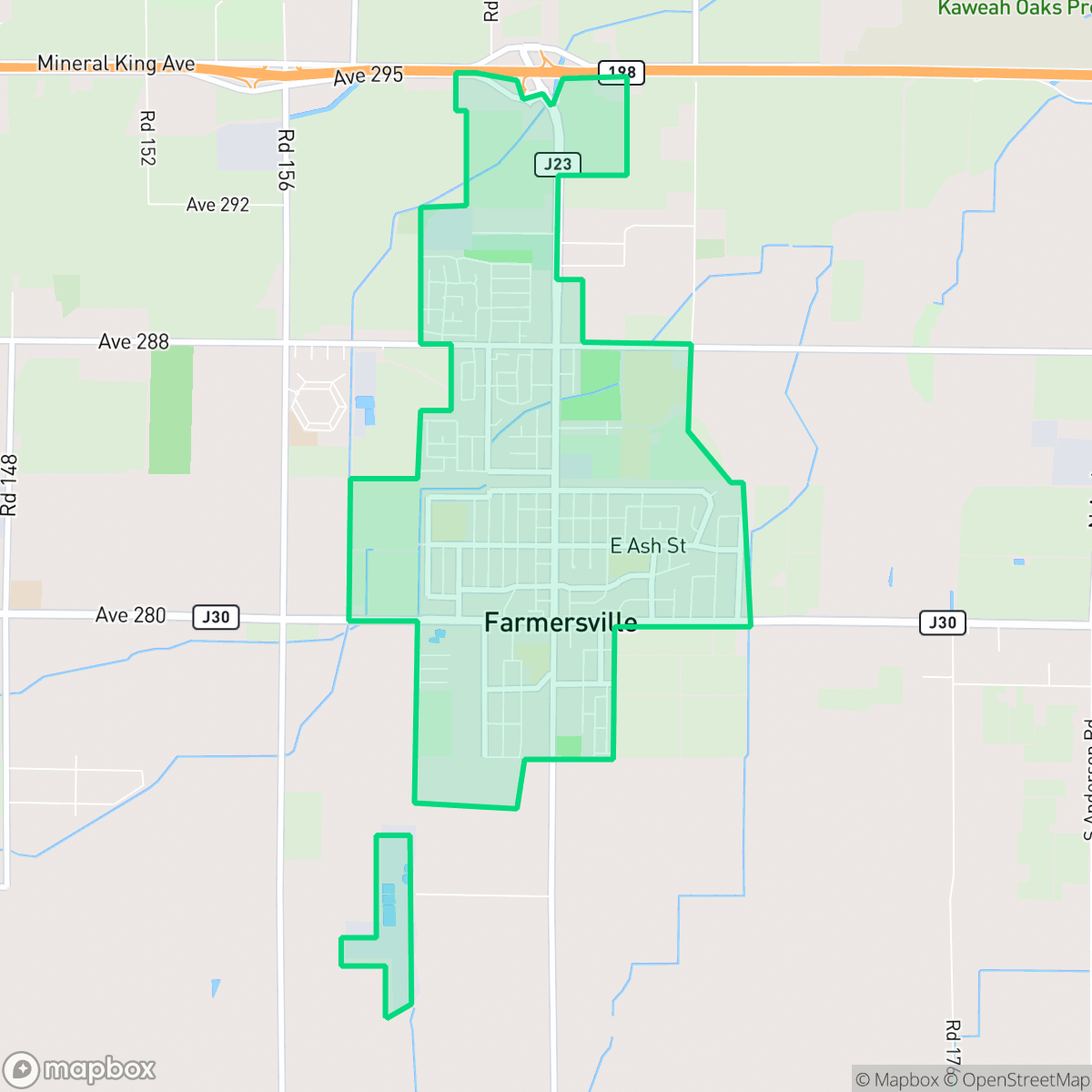 Map showing the location of Farmersville, CA — coverage area