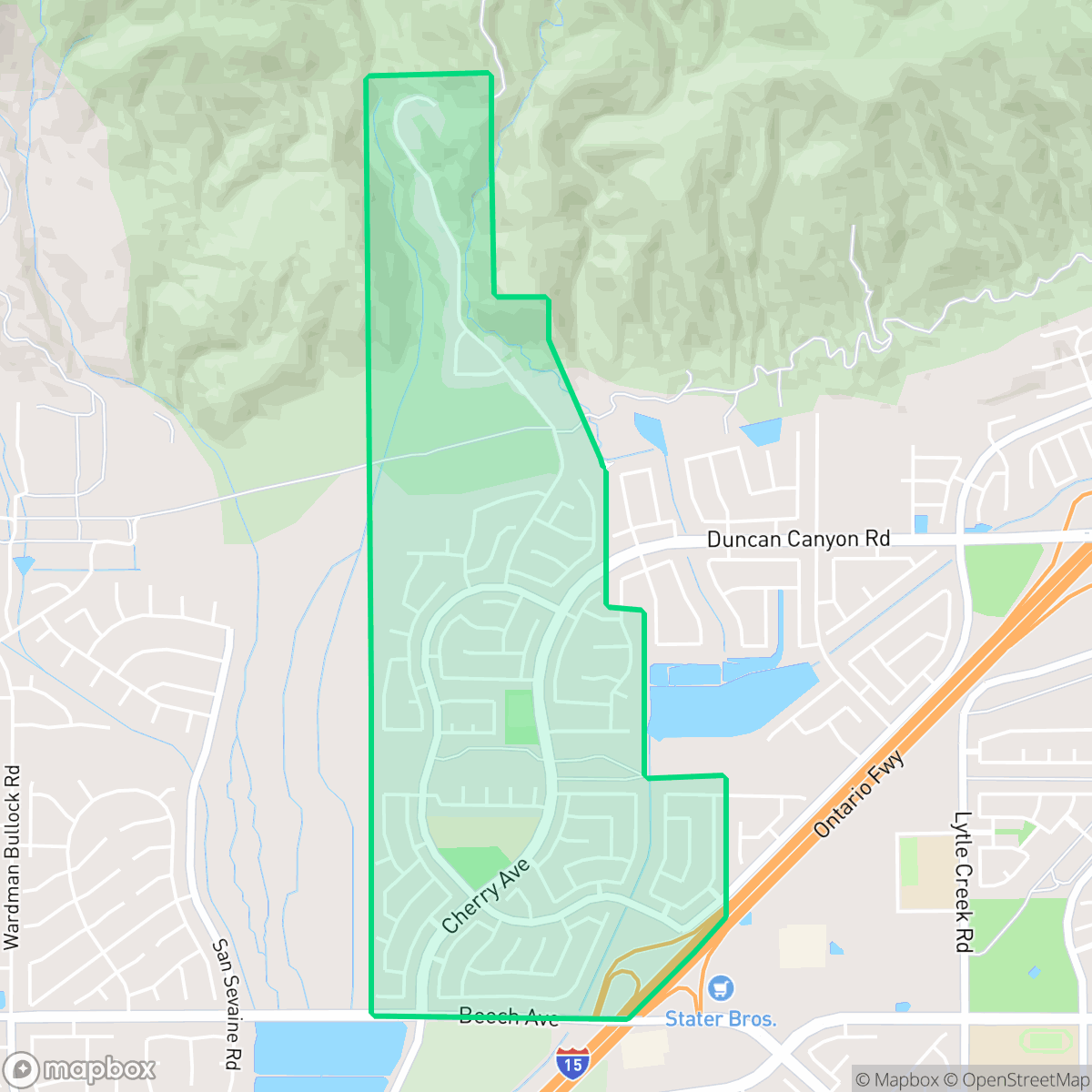 Map showing the location of Hunters Ridge, Fontana, CA
