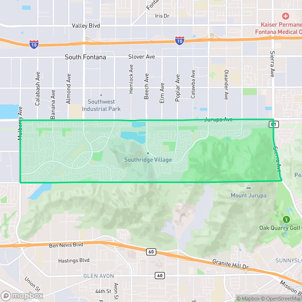 Map showing the location of Southridge Village, Fontana, CA