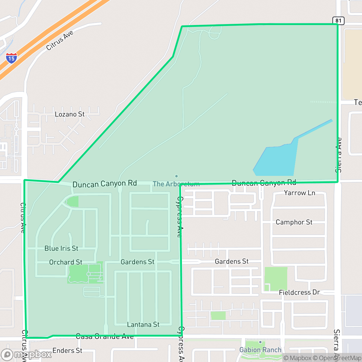Map showing the location of The Arboretum, Fontana, CA