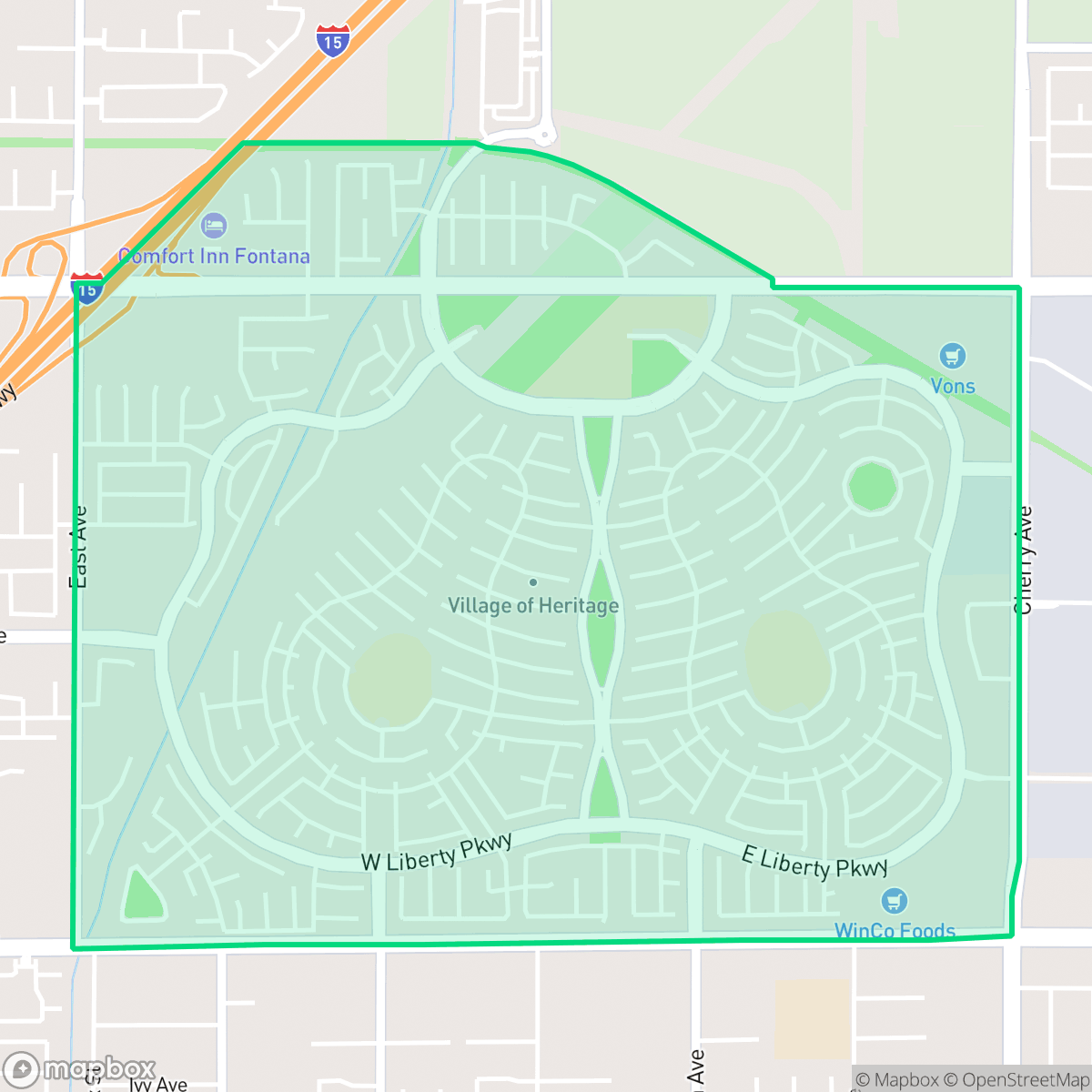 Map showing the location of Village of Heritage, Fontana, CA