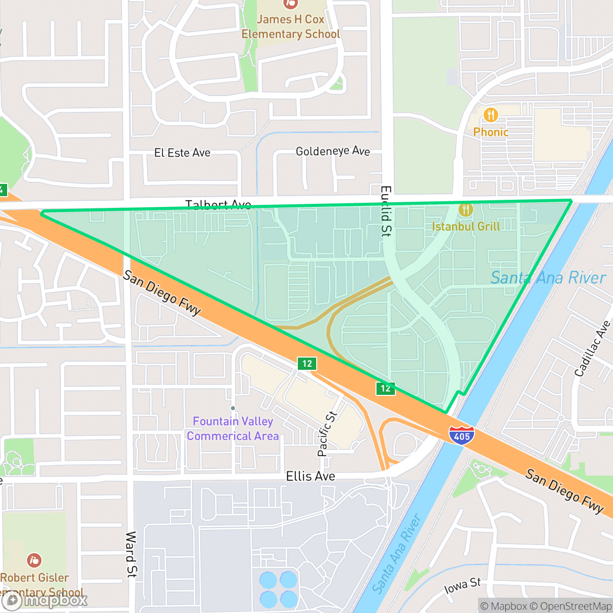 Map showing the location of Fountain Valley Commercial Area, Fountain Valley, CA