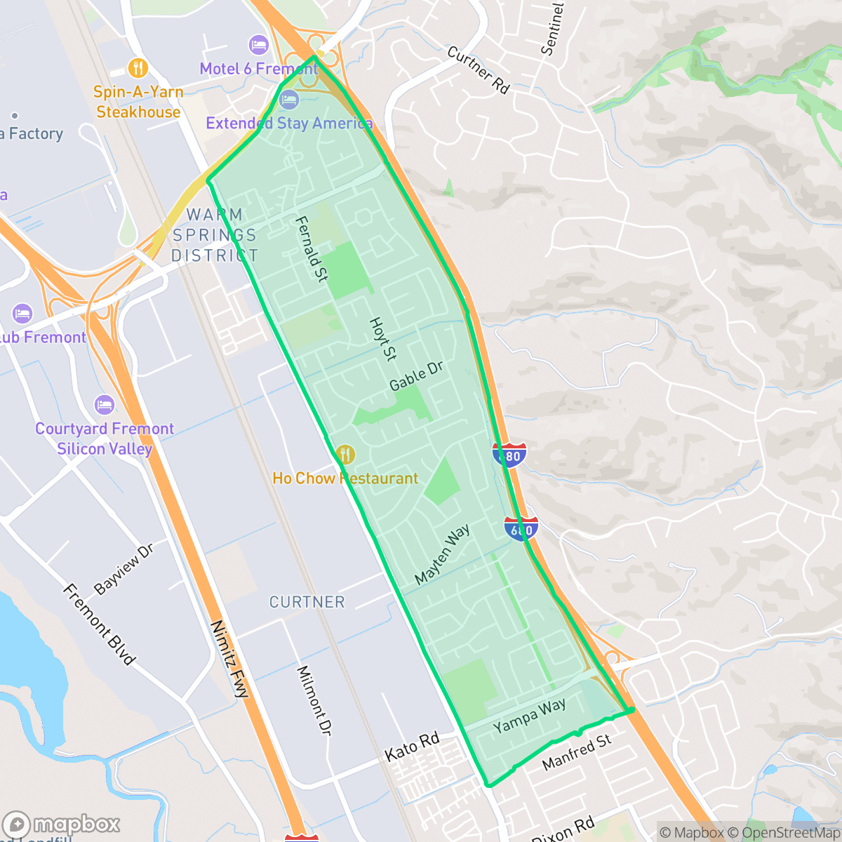 Map showing the location of Warm Springs, Fremont, CA