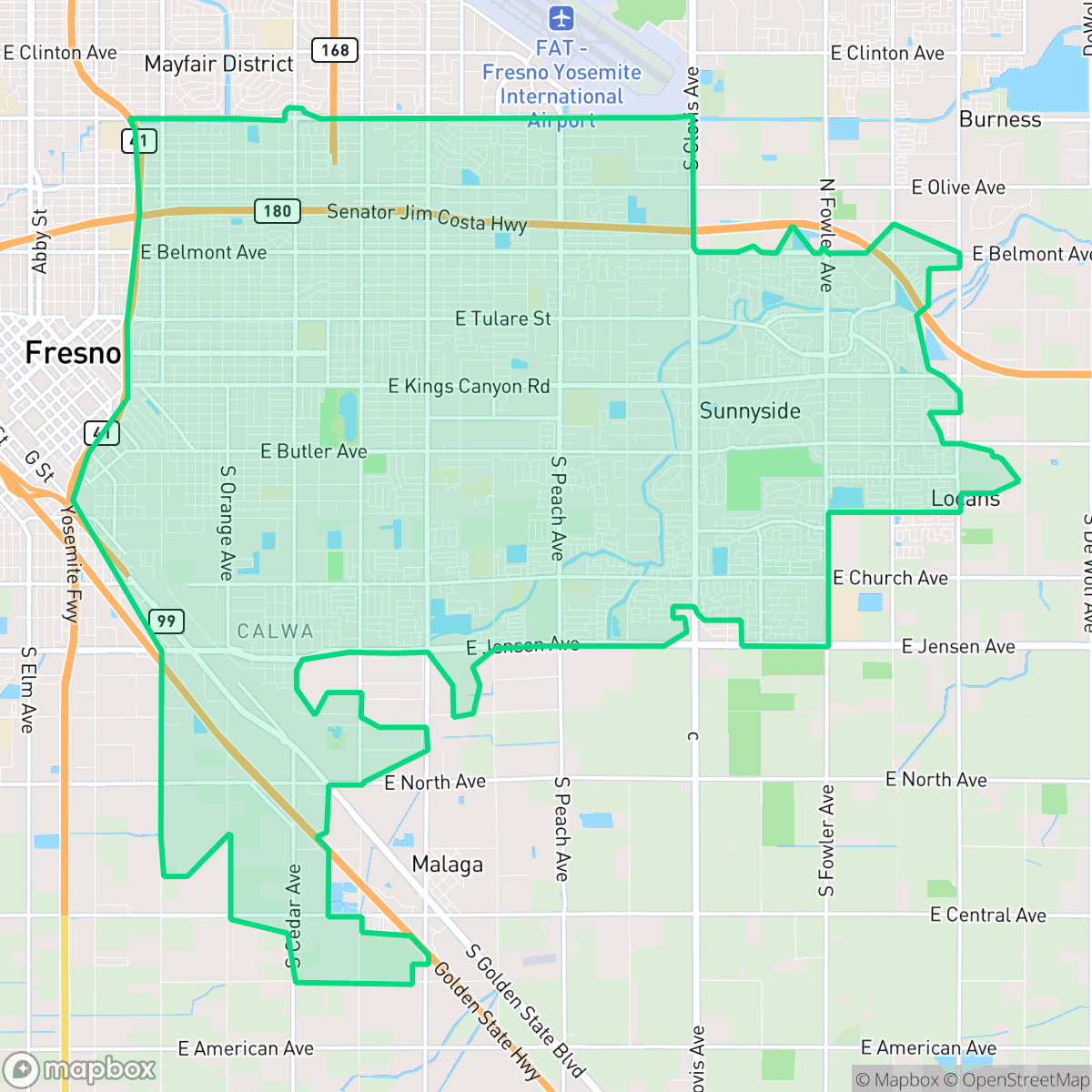 Map showing the location of Roosevelt, Fresno, CA