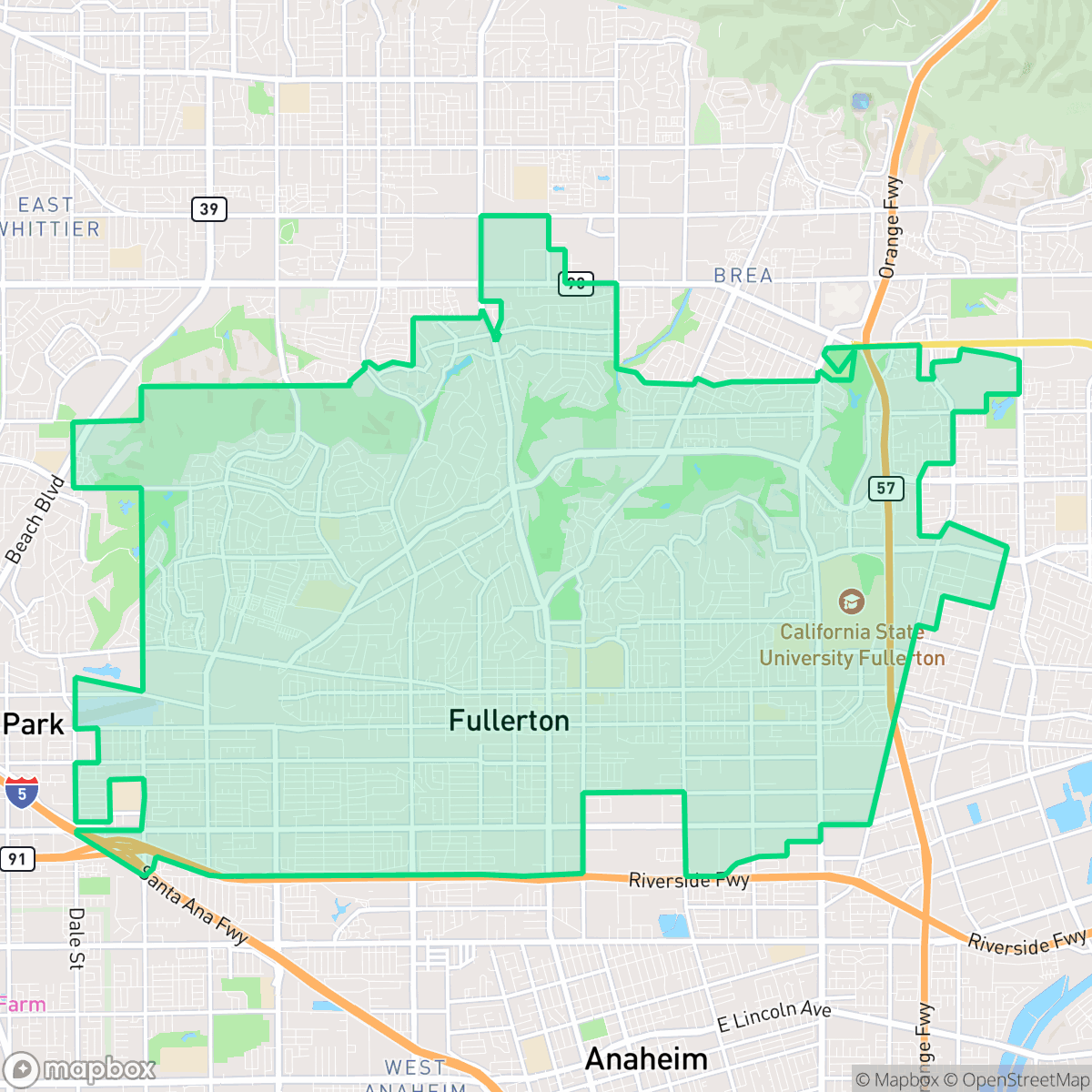 Map showing the location of Fullerton, CA — coverage area
