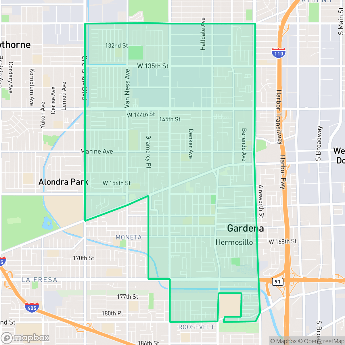 Map showing the location of Gardena, CA — coverage area