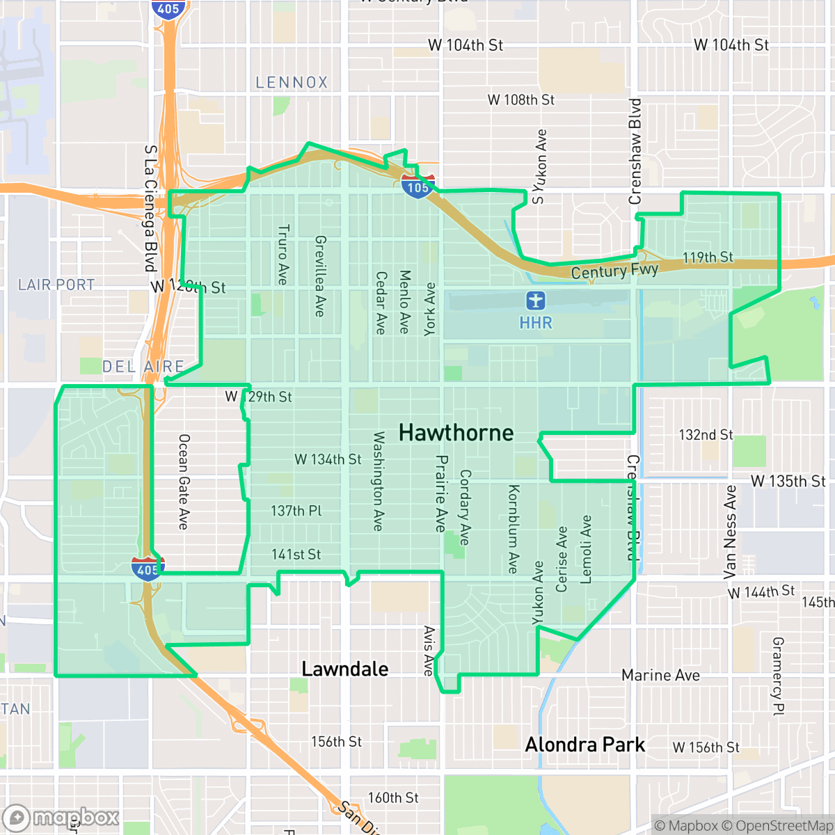 Map showing the location of Hawthorne, CA — coverage area