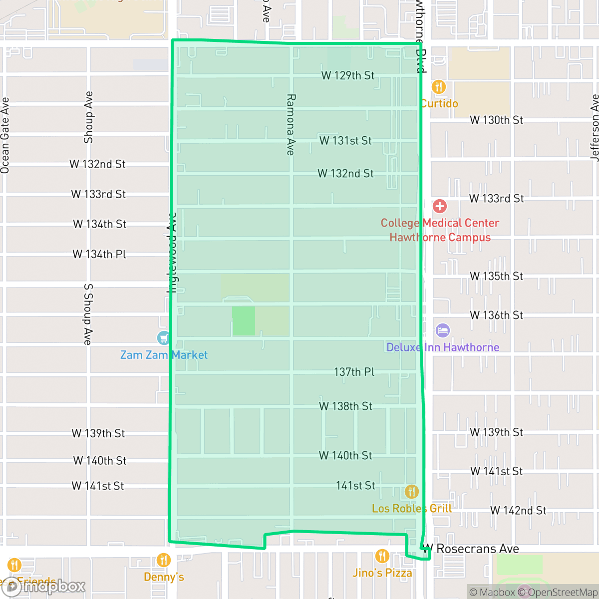 Map showing the location of Ramona, Hawthorne, CA