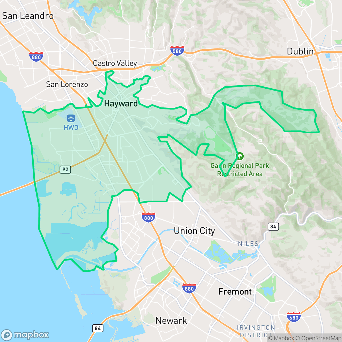 Map showing the location of Hayward, CA — coverage area