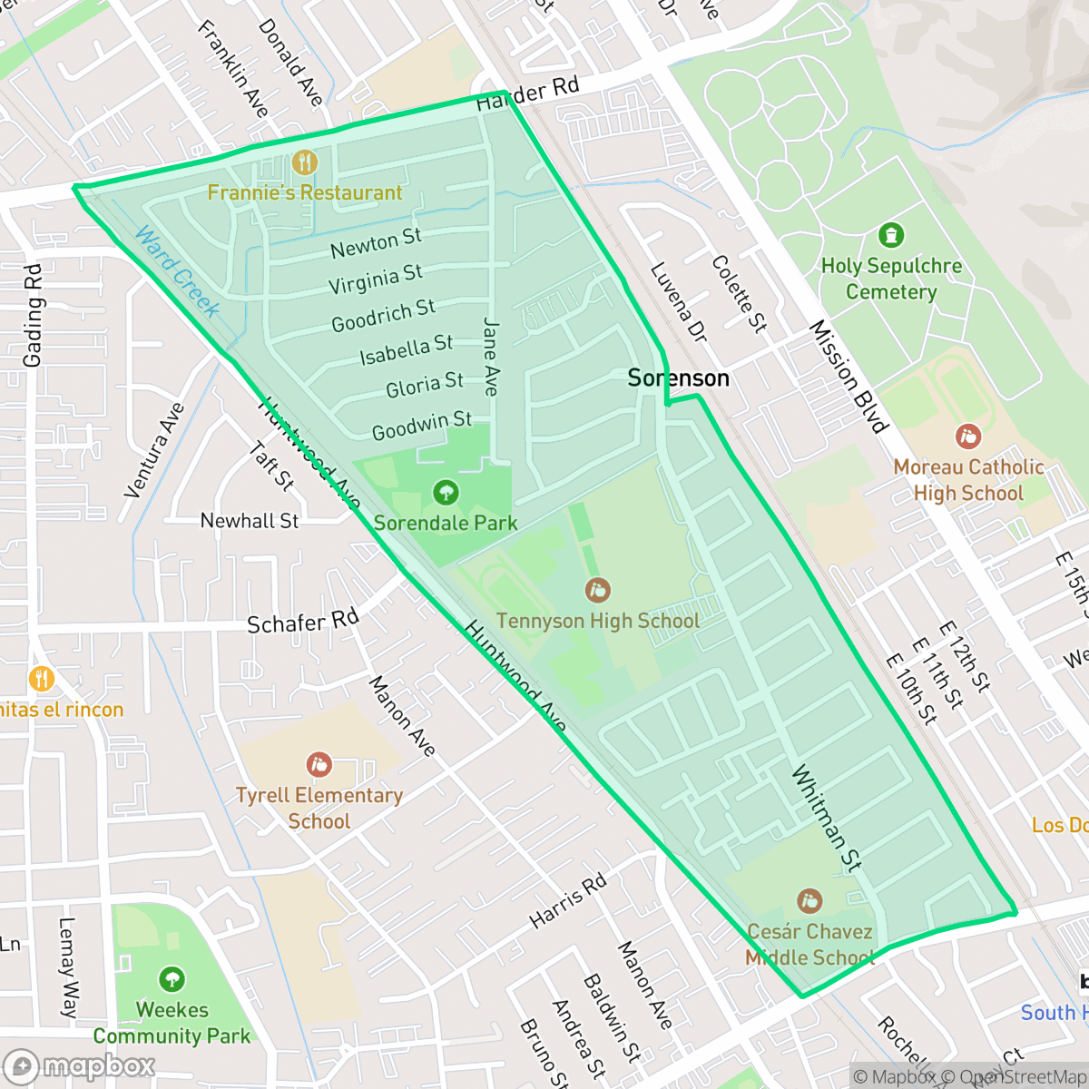 Map showing the location of Whitman-Mocine, Hayward, CA