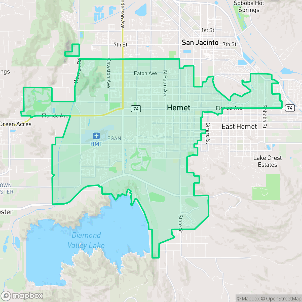 Map showing the location of Hemet, CA — coverage area