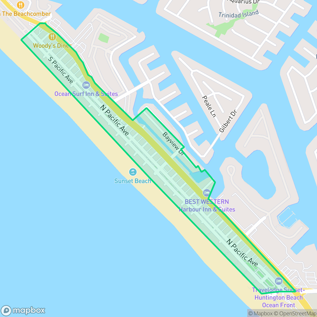 Map showing the location of Sunset Beach, Huntington Beach, CA