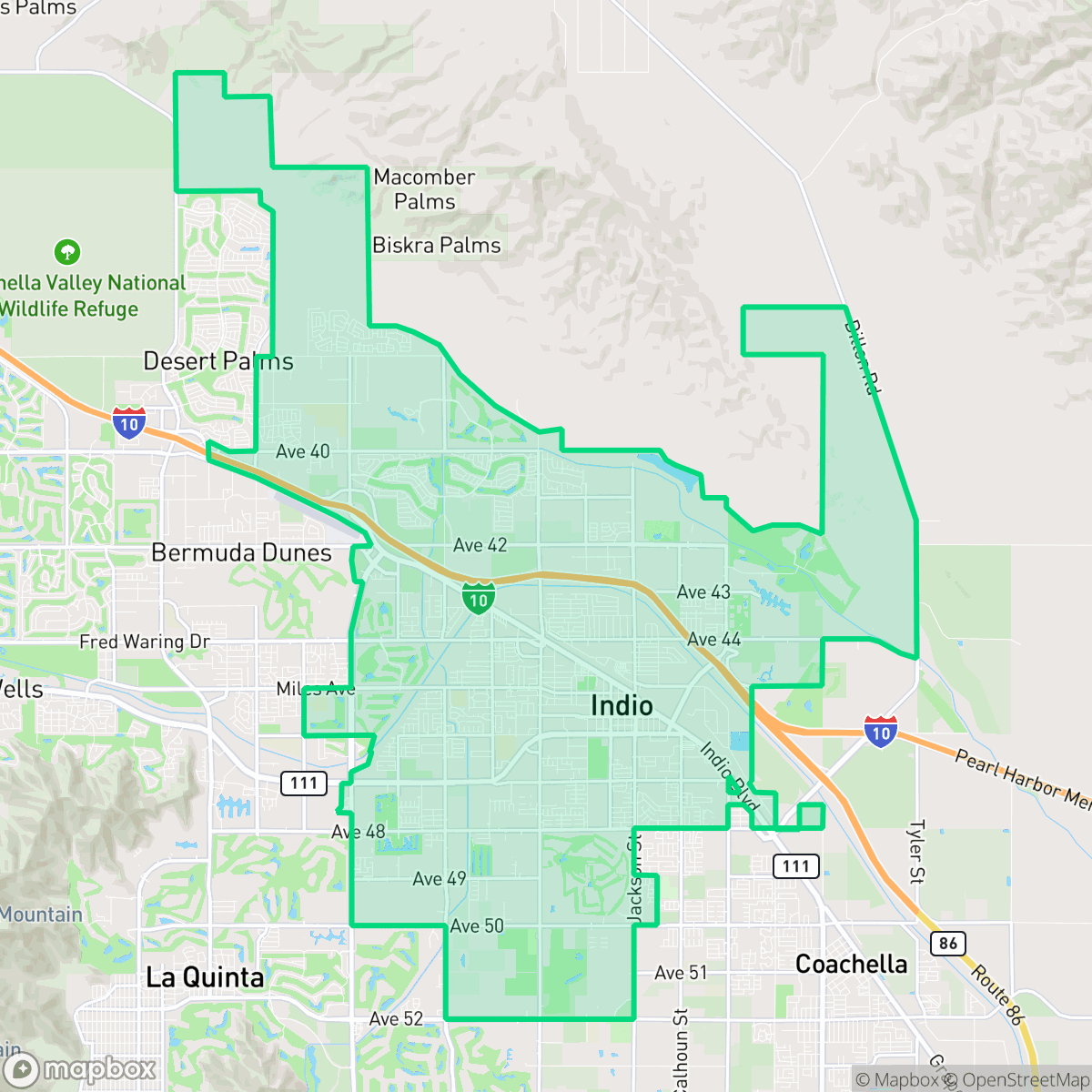Map showing the location of Indio, CA — coverage area