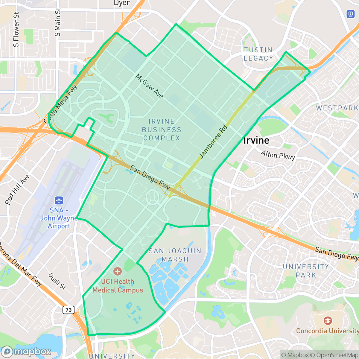 Map showing the location of Business District, Irvine, CA