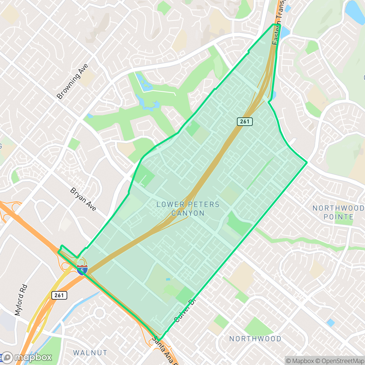 Map showing the location of Lower Peters Canyon, Irvine, CA