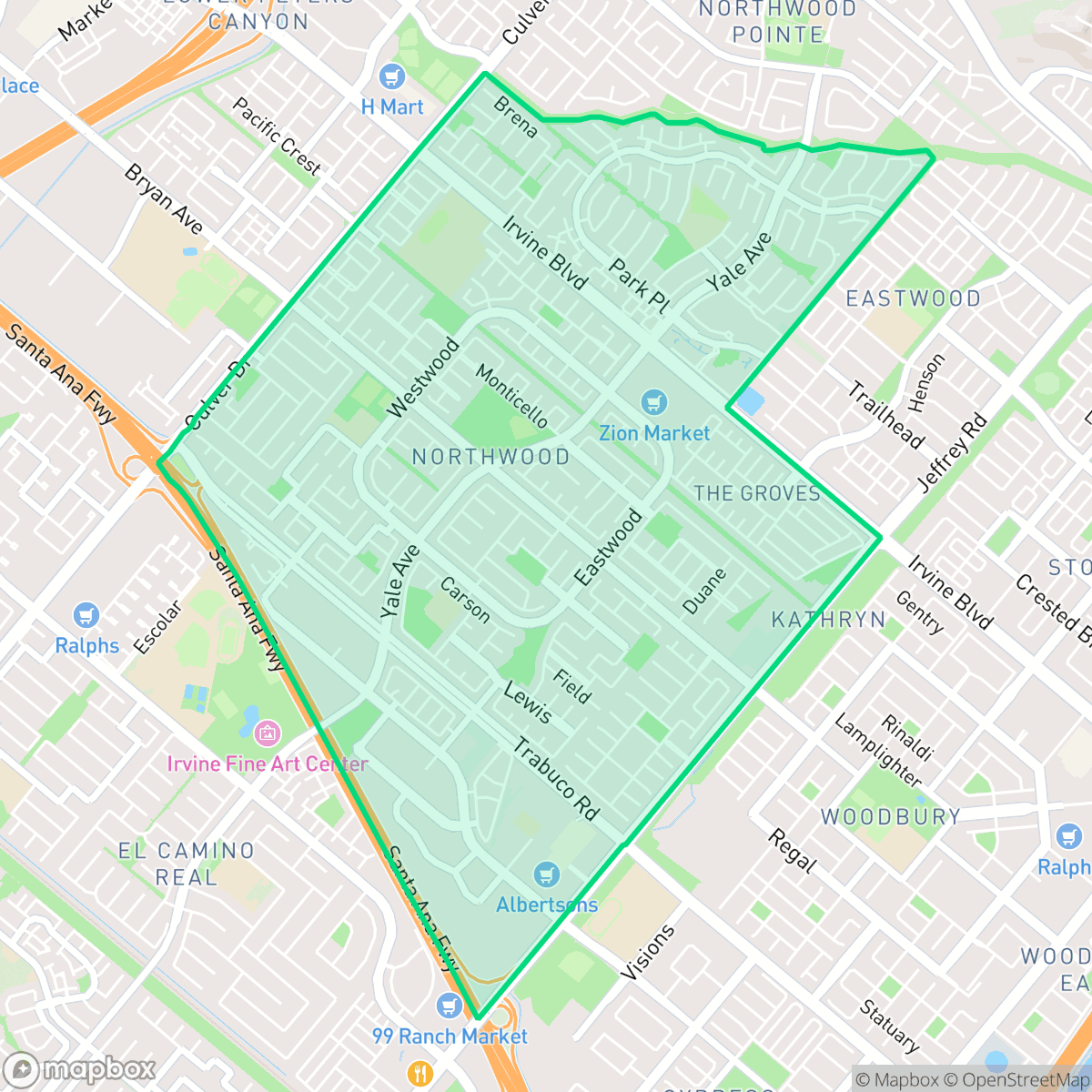 Map showing the location of Northwood, Irvine, CA