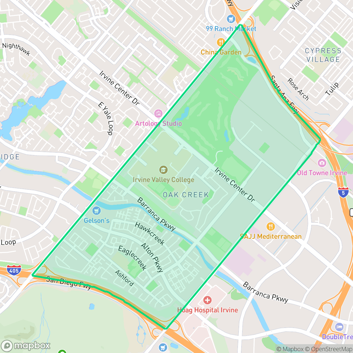 Map showing the location of Oak Creek, Irvine, CA