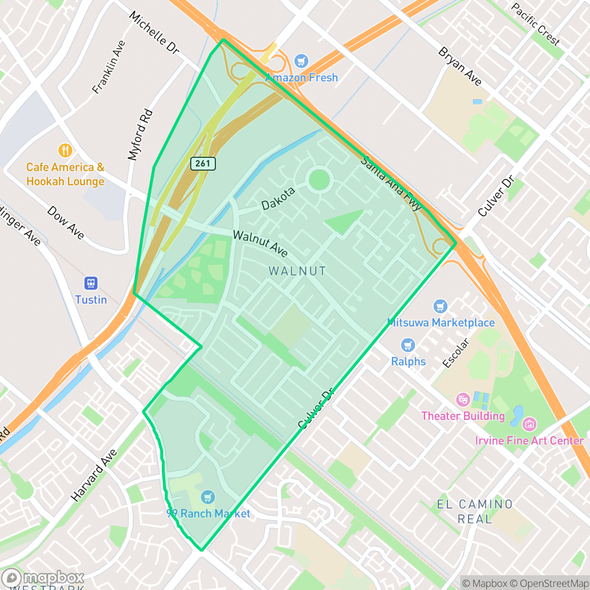 Map showing the location of Walnut Village, Irvine, CA