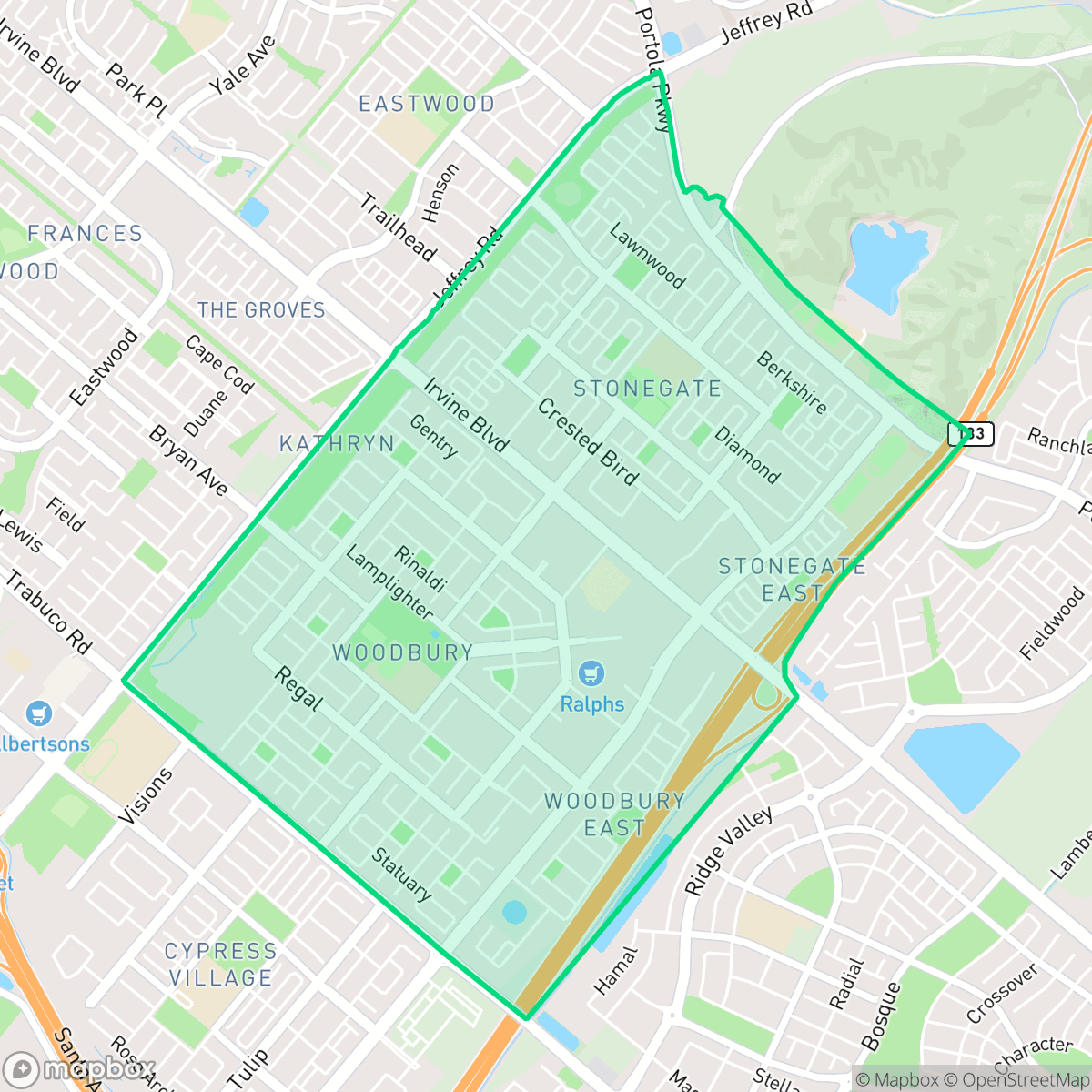 Map showing the location of Woodbury, Irvine, CA