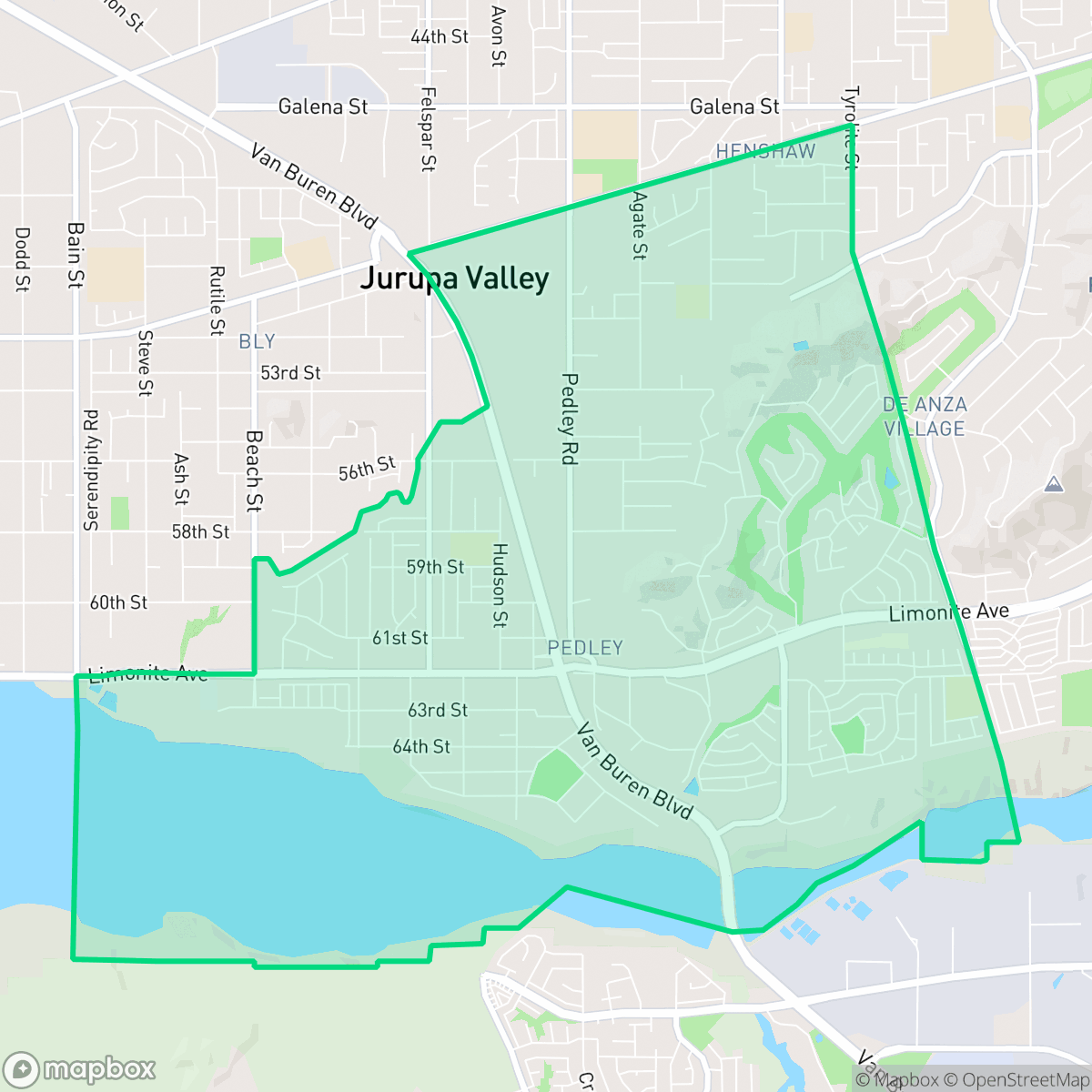 Map showing the location of Pedley, Jurupa Valley, CA
