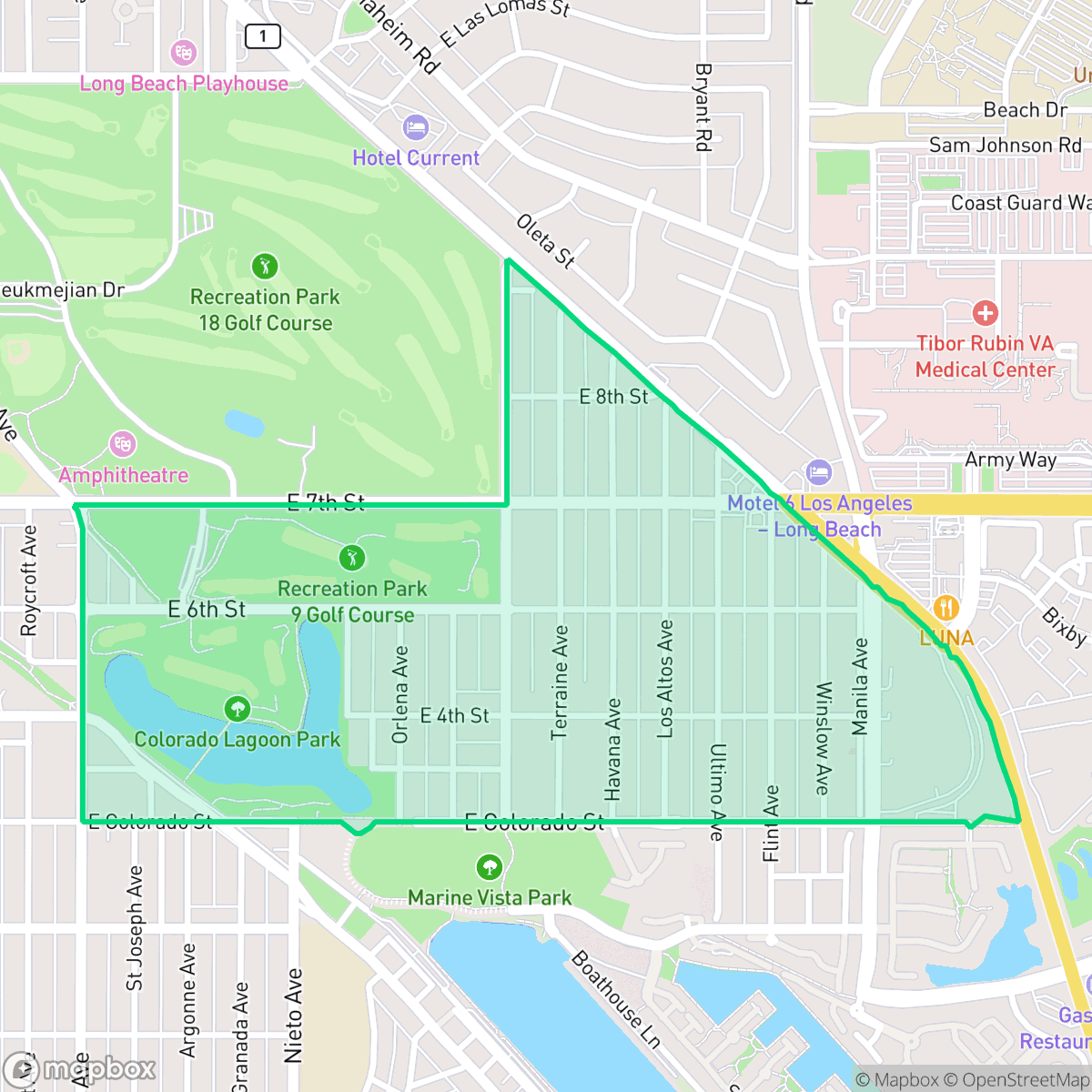 Map showing the location of Alamitos Heights, Long Beach, CA