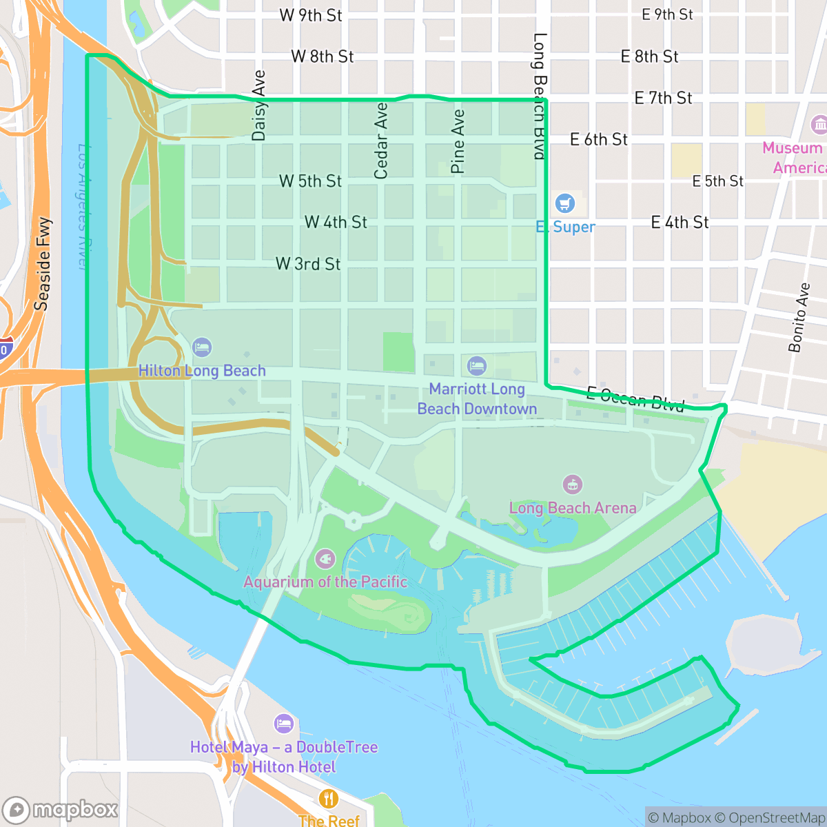 Map showing the location of Downtown, Long Beach, CA