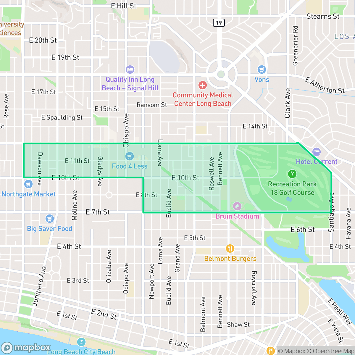 Map showing the location of East Side, Long Beach, CA