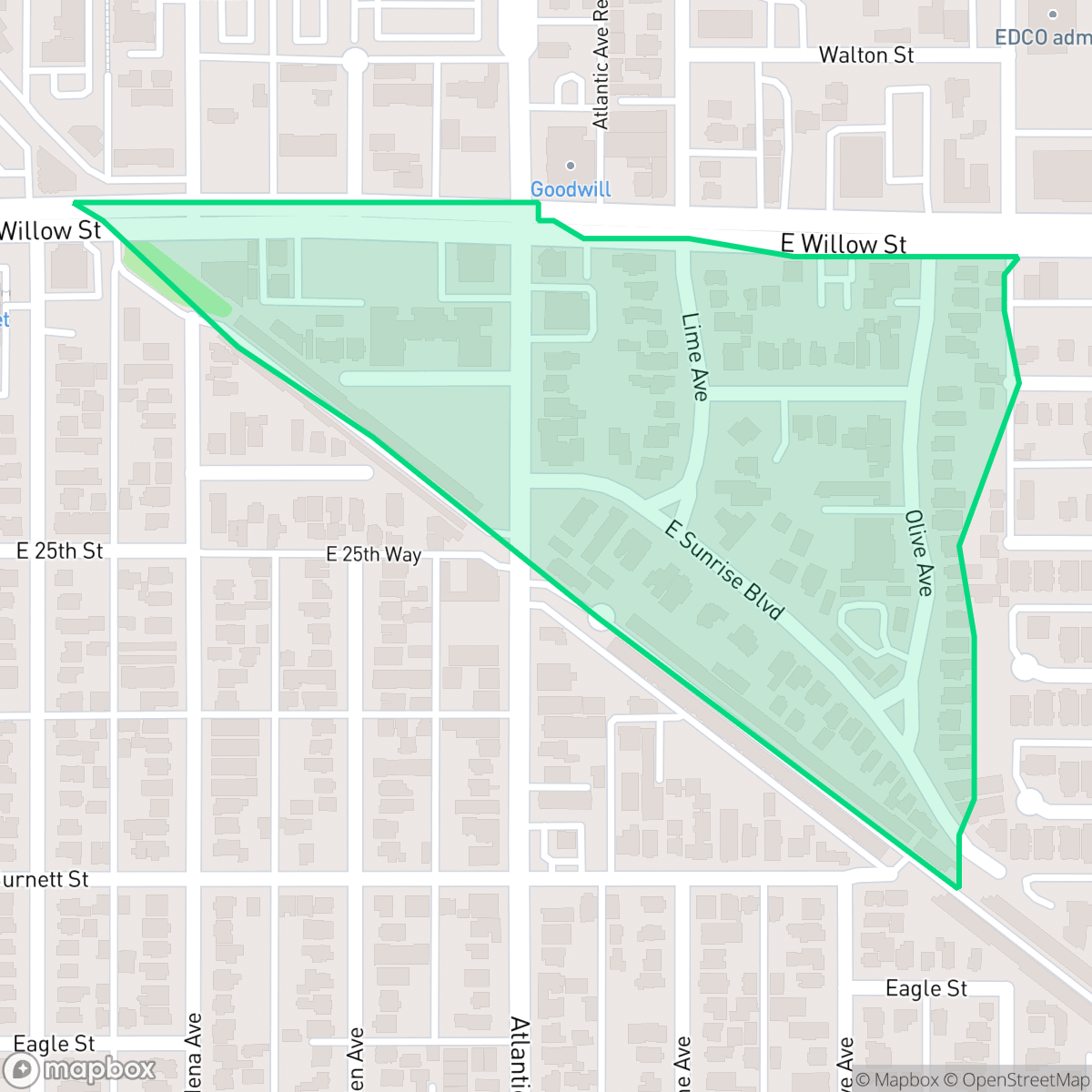 Map showing the location of Sunrise, Long Beach, CA