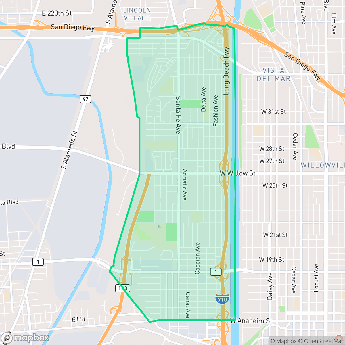 Map showing the location of West Side, Long Beach, CA