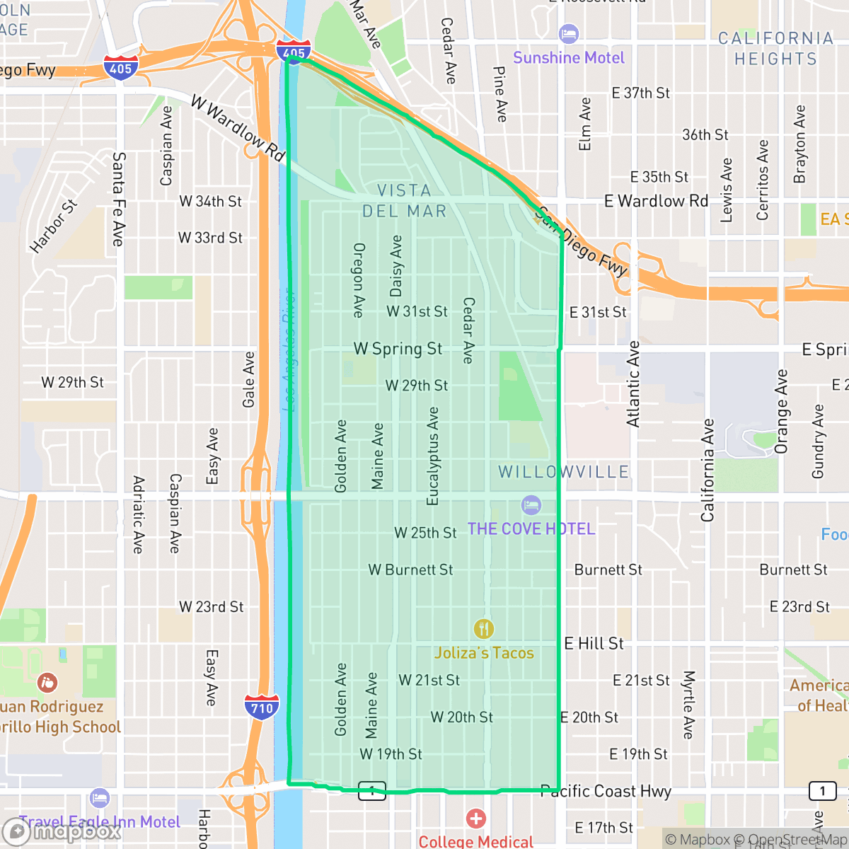 Map showing the location of Wrigley, Long Beach, CA
