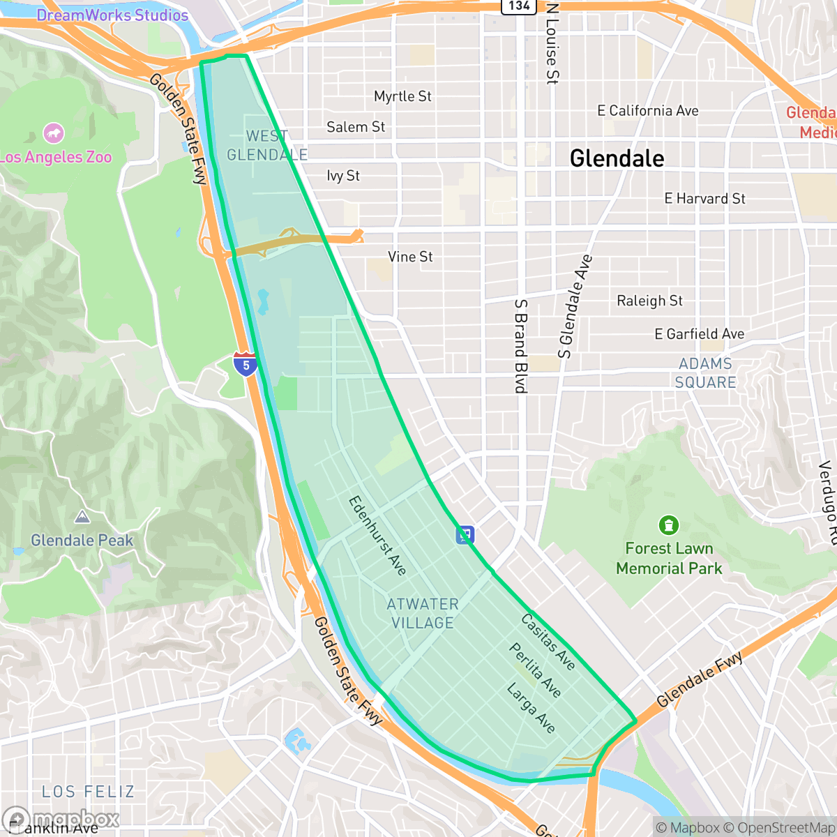 Map showing the location of Atwater Village, Los Angeles, CA