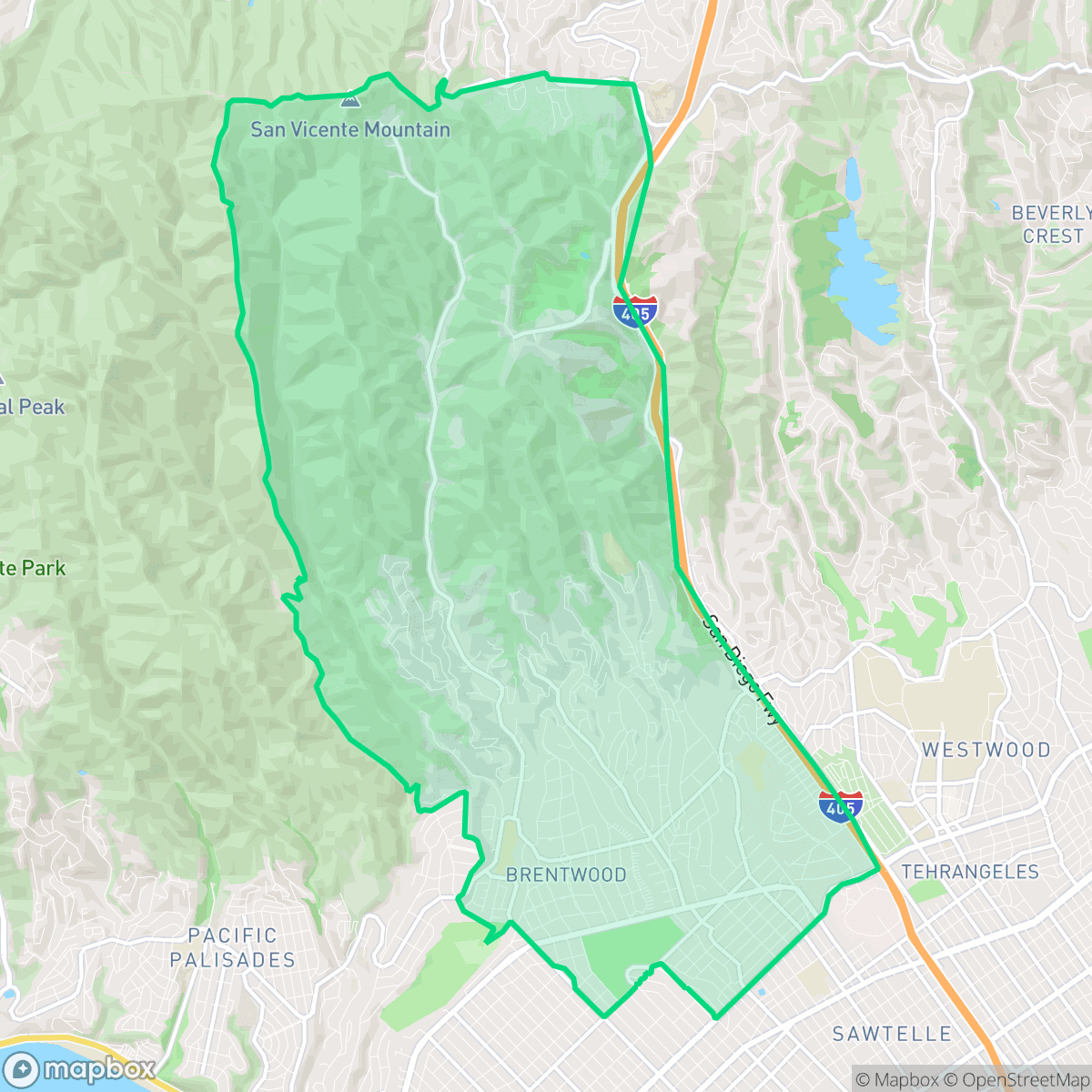Map showing the location of Brentwood, Los Angeles, CA