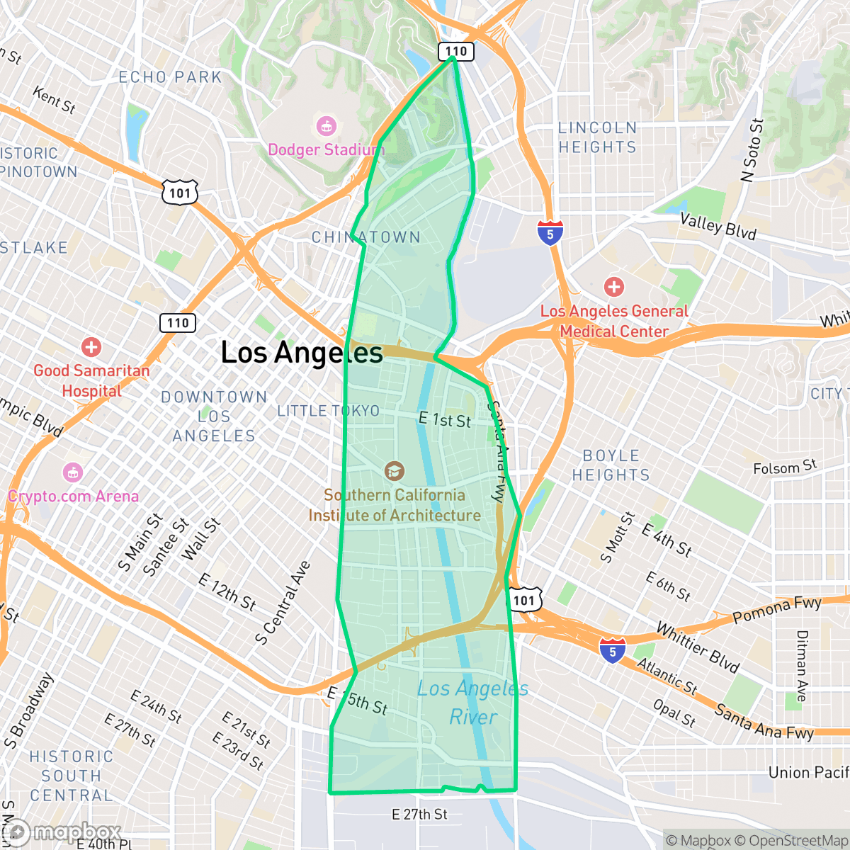 Map showing the location of Central City East, Los Angeles, CA